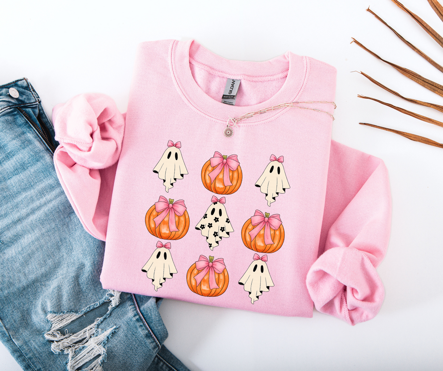 Pink Bow Ghost and Pumpkin Grid Halloween